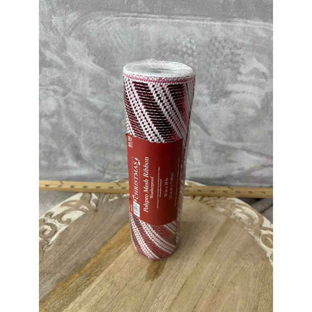Christmas Polypro Mesh Ribbon Red White Striped Weatherproof 10in x 18ft CDM2200